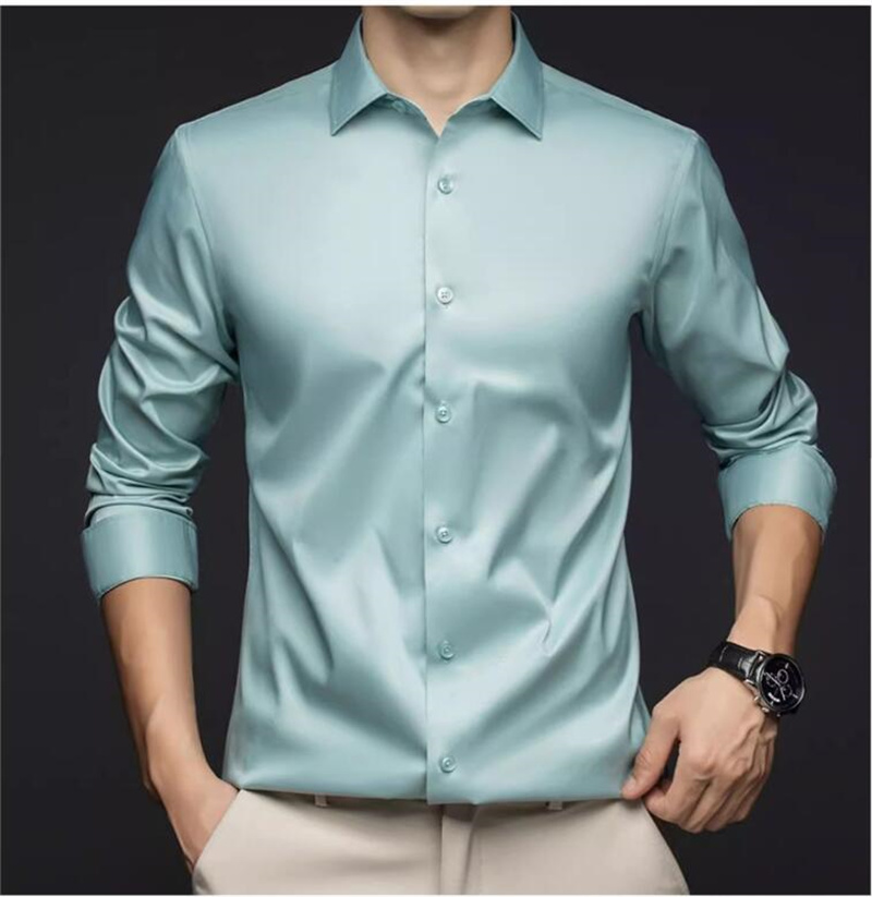 Mens Satin Silk Dress Shirt - เสื้อเชิ้ตแขนยาวผู้ชาย สำหรับใส่ทำงาน ฤดูใบไม้ผลิและฤดูใบไม้ร่วง เนื้อผ้าไหมซาติน สีดำ เสื้อเบสิก