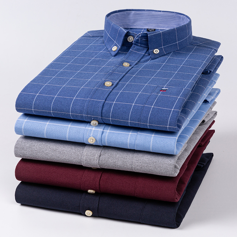Oxford Cotton Casual Shirt Business - เสื้อลําลองผู้ชายผ้าฝ้าย Oxford ลายสก๊อตสีทึบแขนยาวปกติ Fit ธุรกิจเสื้อสําหรับชายเสื้อผ้า
