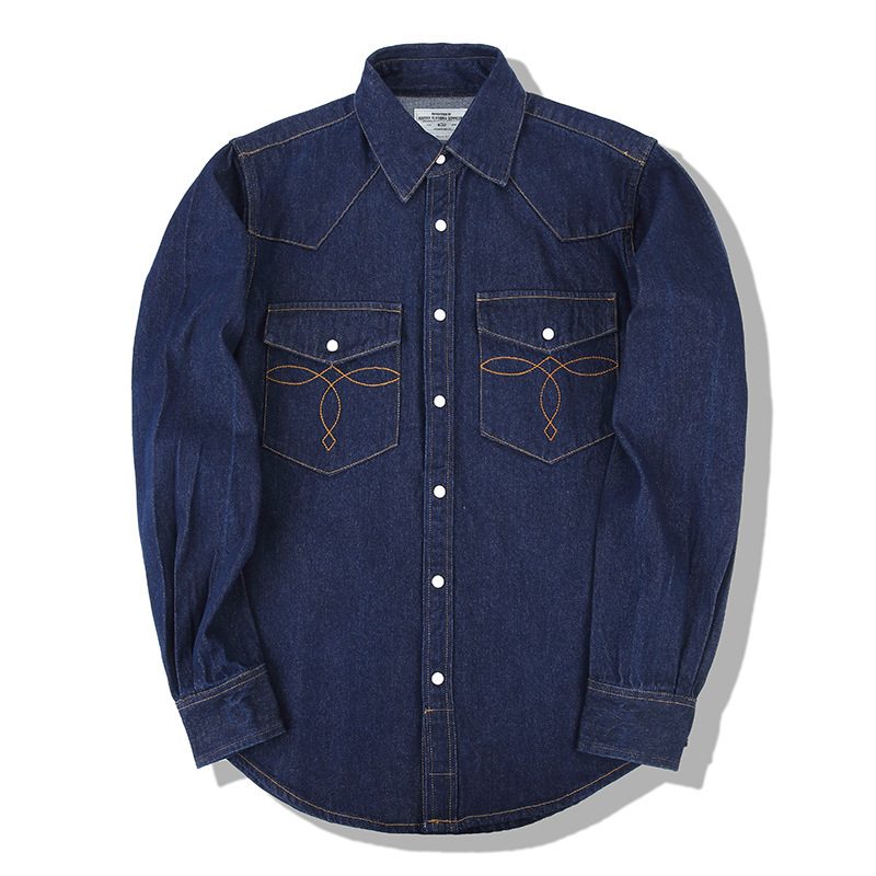 Mens Western Denim Pearl Snap Shirt - เสื้อเชิ้ตเดนิมวินเทจสไตล์อเมริกัน พร้อมกระดุมมุก แขนยาว ทรงสลิมฟิต สำหรับผู้ชาย สไตล์คาวบอยคลาสสิก
