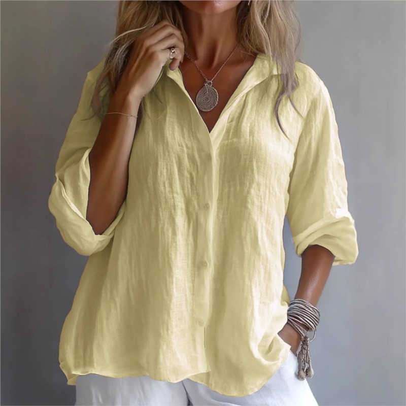 เสื้อเชิ้ตผ้าลินินสีพื้น คอวี  - Mens Linen Shirt Long Sleeve บทวิจารณ์และราคา