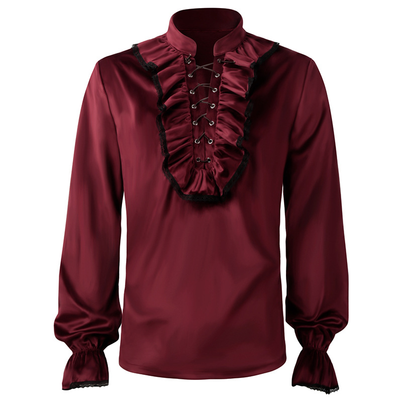Red Lace Up Ruffles แขนโคมไฟผู - Medieval Gothic Lace Up Pirate Shirt บทวิจารณ์และราคา