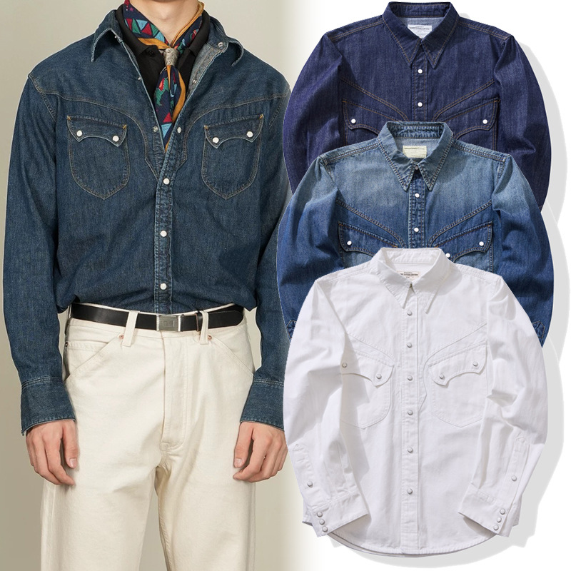 เสื้อเชิ้ตสไตล์วินเทจอเมริกันแ - Mens Western Denim Pearl Snap Shirt บทวิจารณ์และราคา