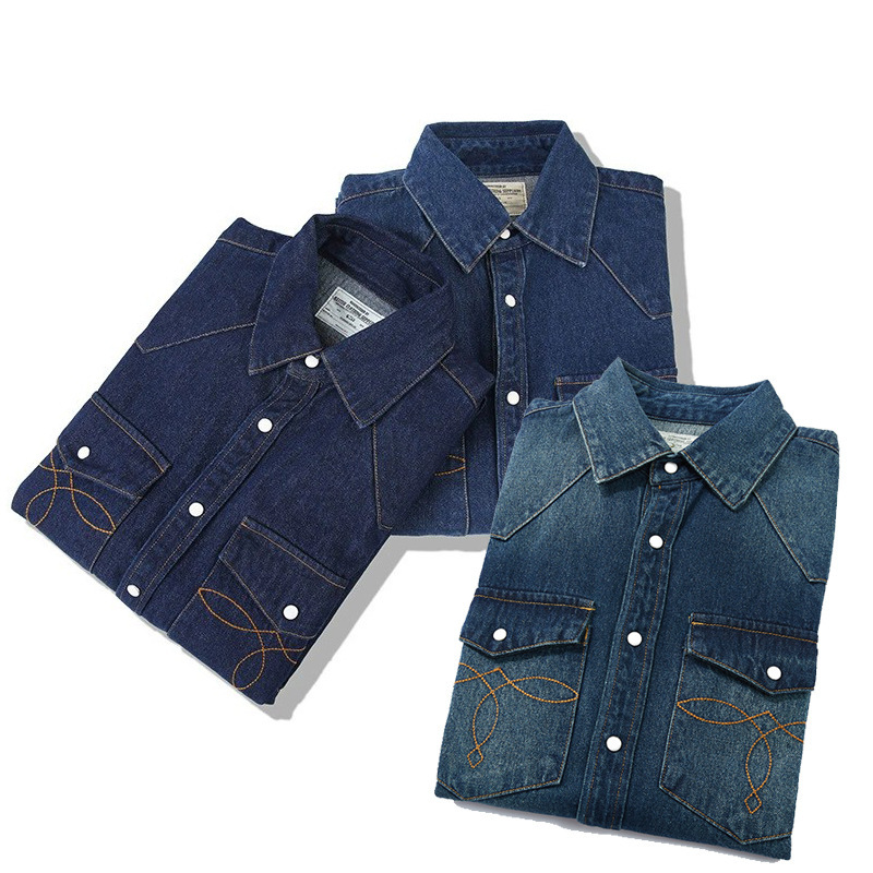 เสื้อเชิ้ตเดนิมวินเทจสไตล์อเมร - Mens Western Denim Pearl Snap Shirt บทวิจารณ์และราคา
